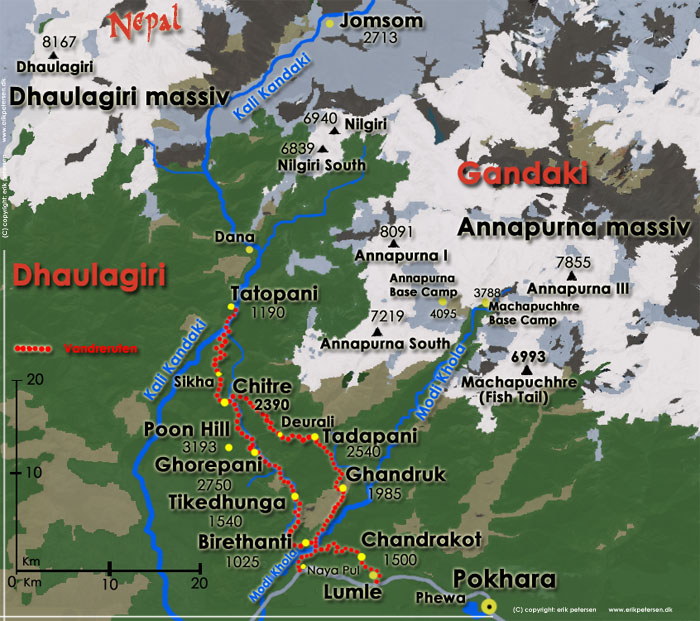 Nepal. Kort over trekkingruten i Annapurna regionen, Dhaulagiri og Gandaki, med Dhaulagiri- og Annapurna massiv